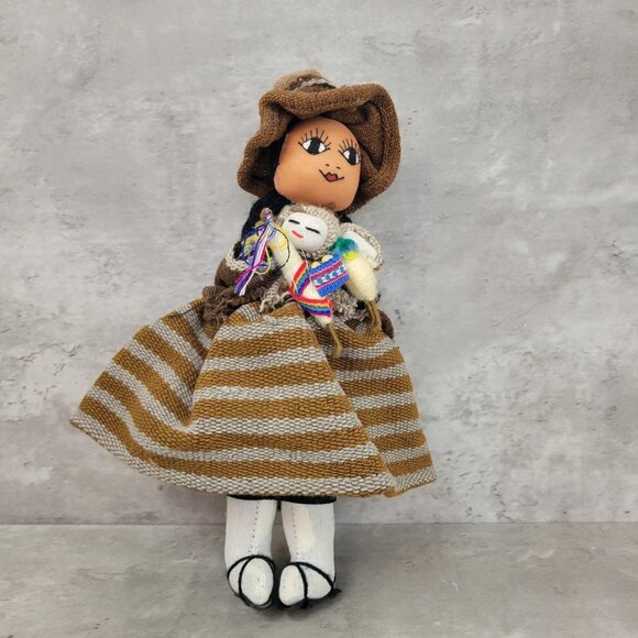 Vintage Andean Handmade Mother Doll Babies Llama Peruvian Folk Art 13 Inch - Picture 1 of 8